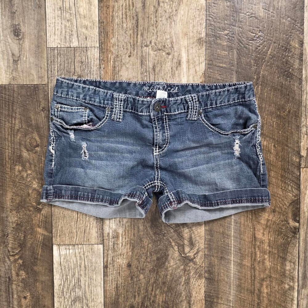Y2K Western Denim Shorts Maurices Thick Stitch Size 15/16 McBling Stitching